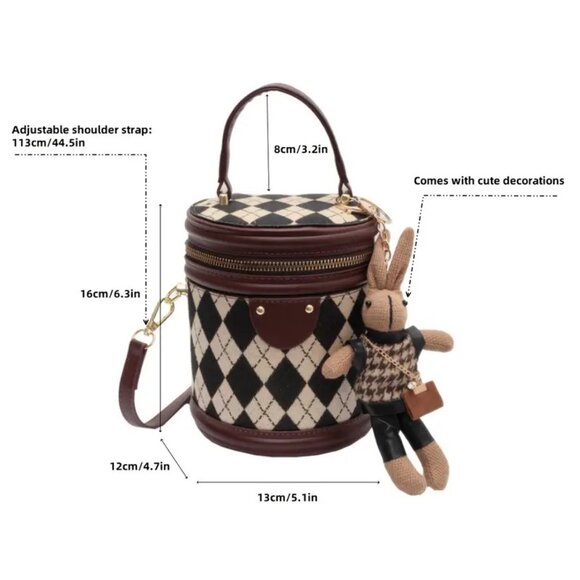 🔥Chic Argyle Bucket Bag w/ Cute Matching Bunny Charm & Adjustable Strap - Picture 8 of 9